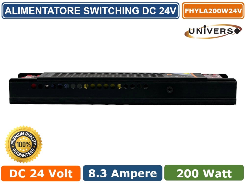 ALIMENTATORE SLIM METALLICO STABILIZZATO SWITCHING TRIMMER 220V-24V 8.3A 200 WATT COLORE NERO