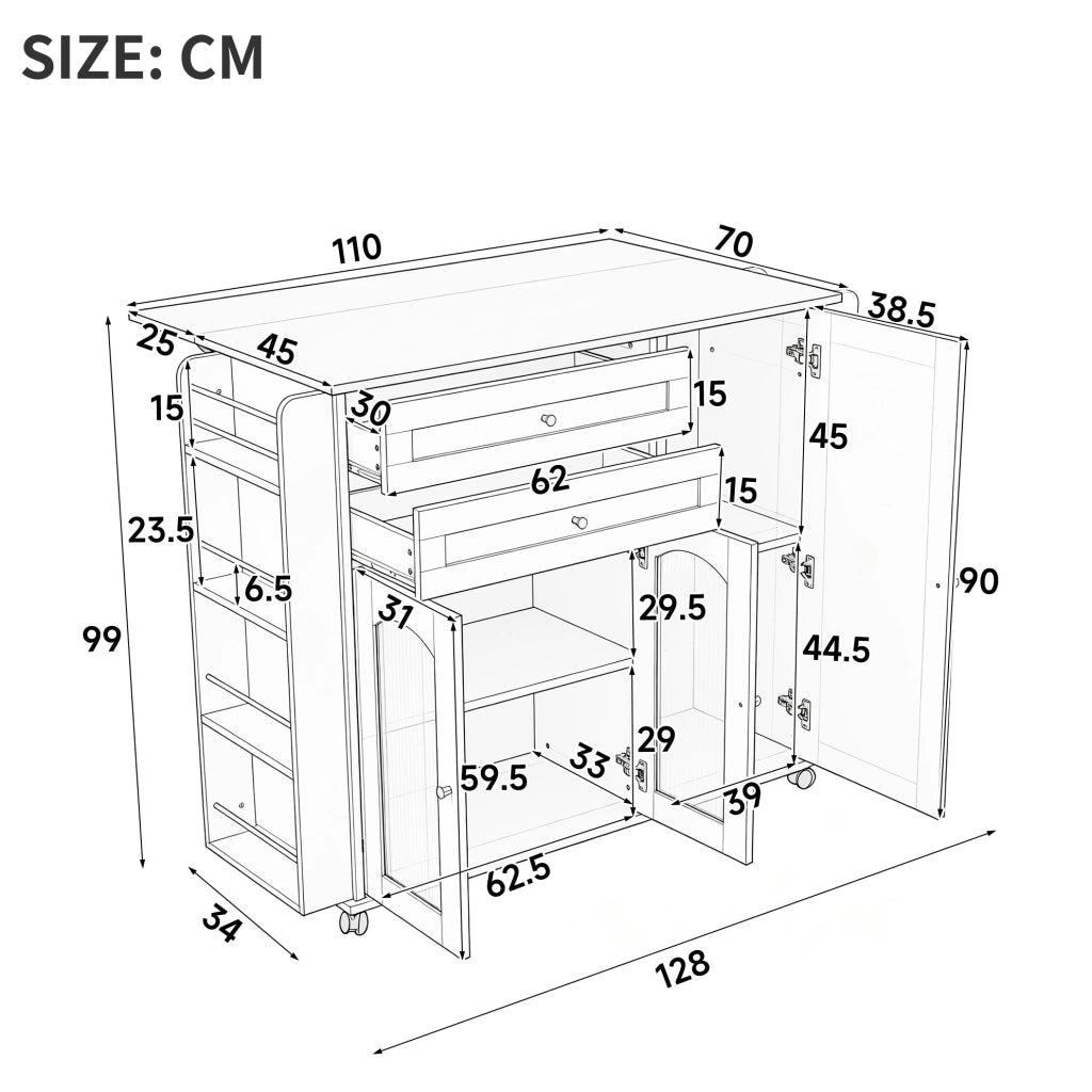 Isola cucina mobile 110 cm con piano ribaltabile, cassetti e ruote
