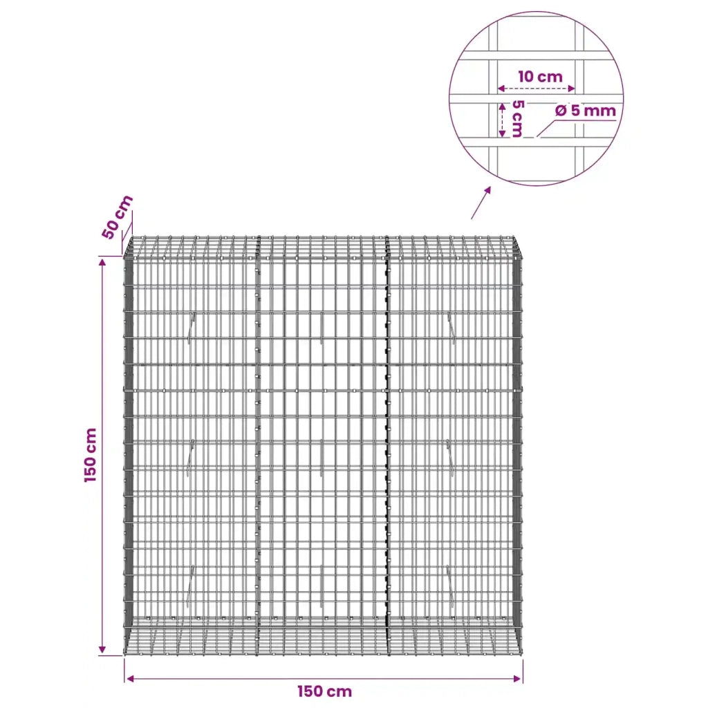 Gabione con Filo da 5 mm e Rete da 5x10 cm 150x50x150 cm 3464757