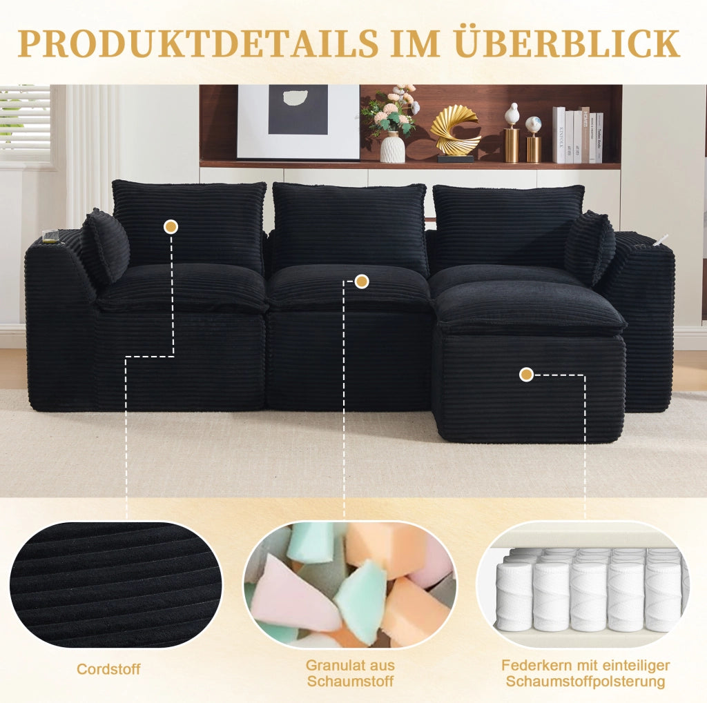 Divano modulare in velluto a coste nero con pouf, 256 cm