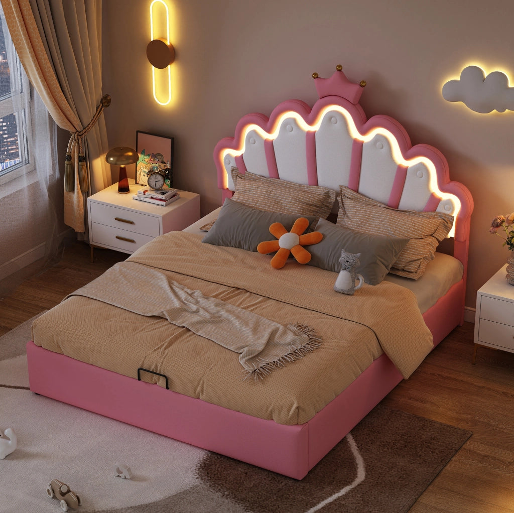Letto contenitore imbottito 140 x 200 cm rosa con LED e corona
