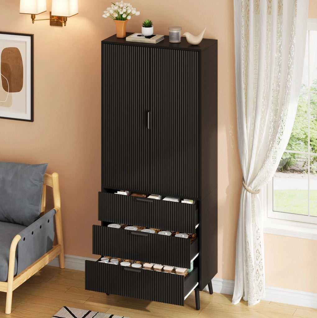 Armadio alto in MDF nero con 2 ante e 3 cassetti, 75 x 35 x 180 cm