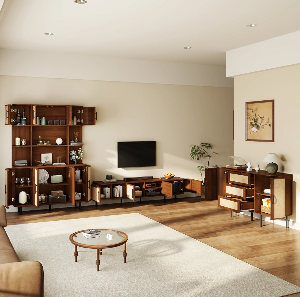 Set di mobili color noce con mobile TV, credenza e armadio alto