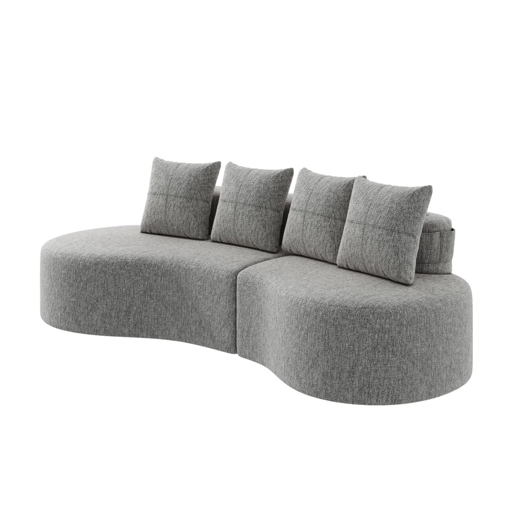 Divano 4 posti 240x109x63 cm in lino grigio chiaro, portabicchieri e tasche