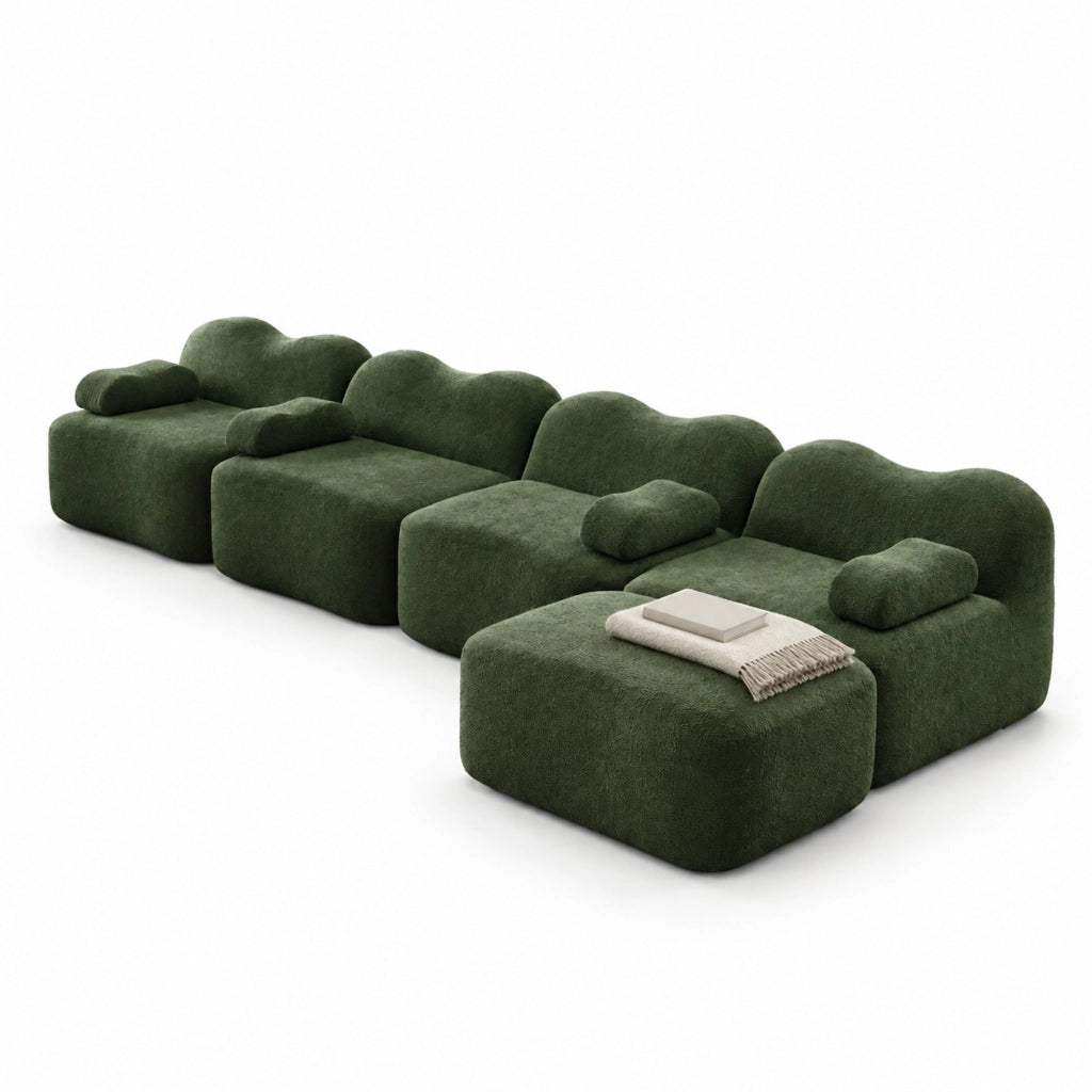 Divano angolare modulare verde in velluto con pouf