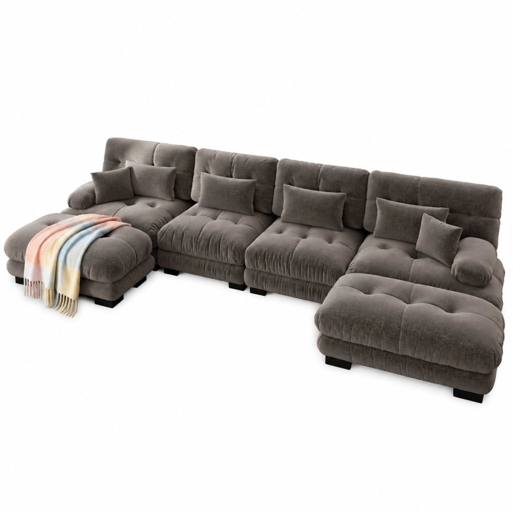 DIVANO Modulare in chenille marrone con pouf mobili