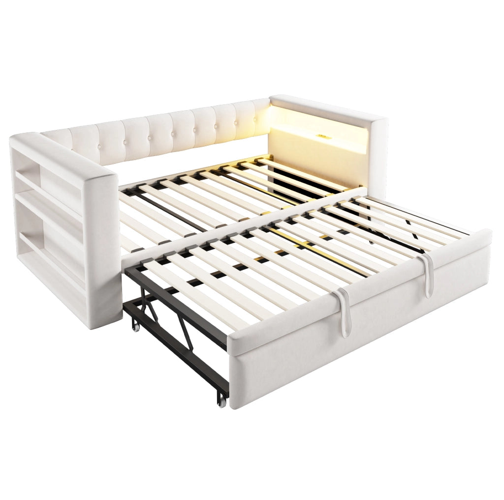 Divano letto multifunzionale 90/180x190 cm con LED e presa in flanella beige