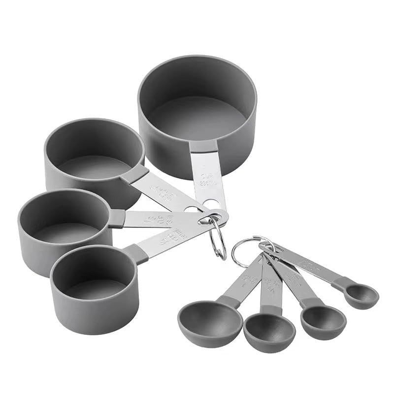 Set di 8 misurini, in nylon, composto da 4 misurini e 4 cucchiai, colore grigio