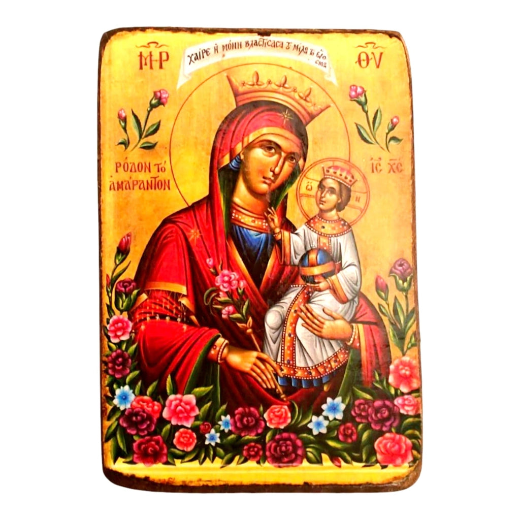 Icona in legno della Vergine Maria, "Rosa Immortale", 9x7 cm