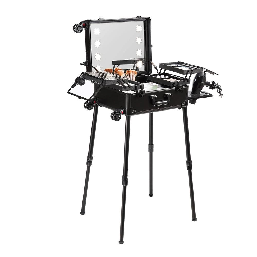 Valigetta Trucco Portatile TD3605 con Specchio Serratura 4 Vassoi Ruote a 360 Gradi e Gambe Regolabili Trolley Make Up Robusto