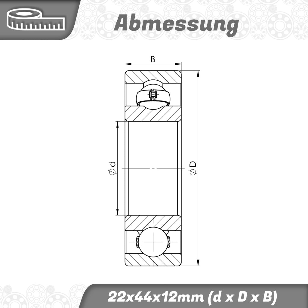 Cuscinetto a rulli con anelli guida 60/22 C3, dimensioni 22x44x12 mm, conforme alle norme DIN 625 e ISO 15