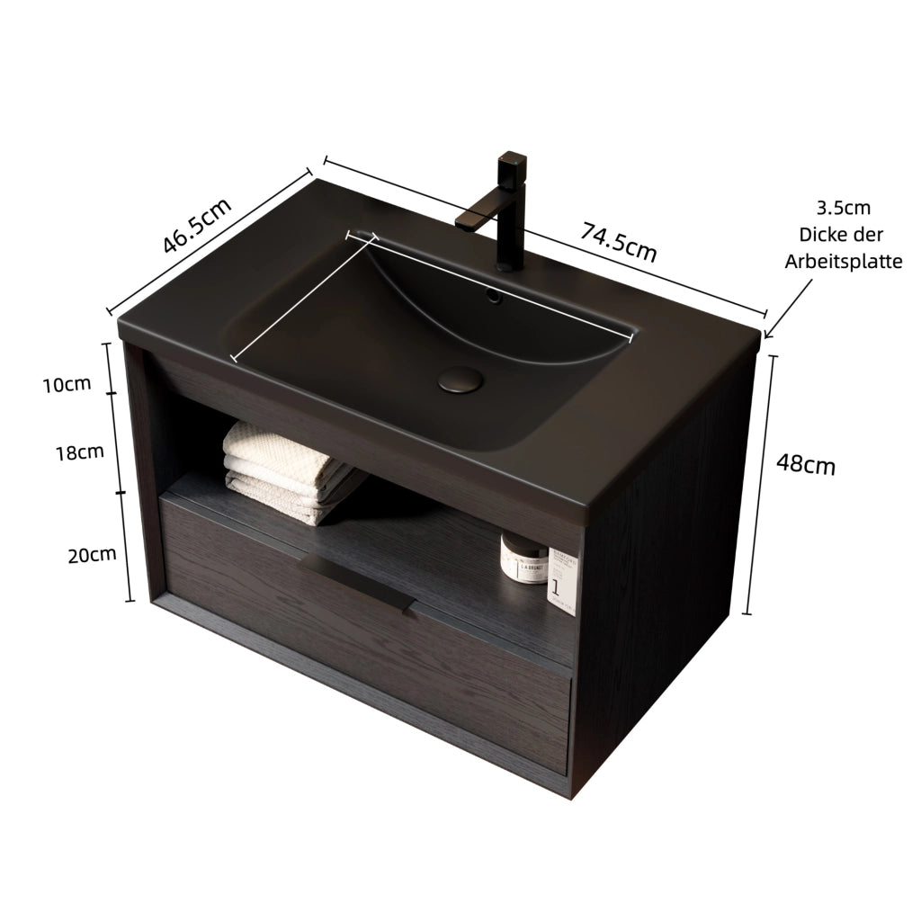 Mobile bagno con lavabo in ceramica nera, cassetto e ripiano