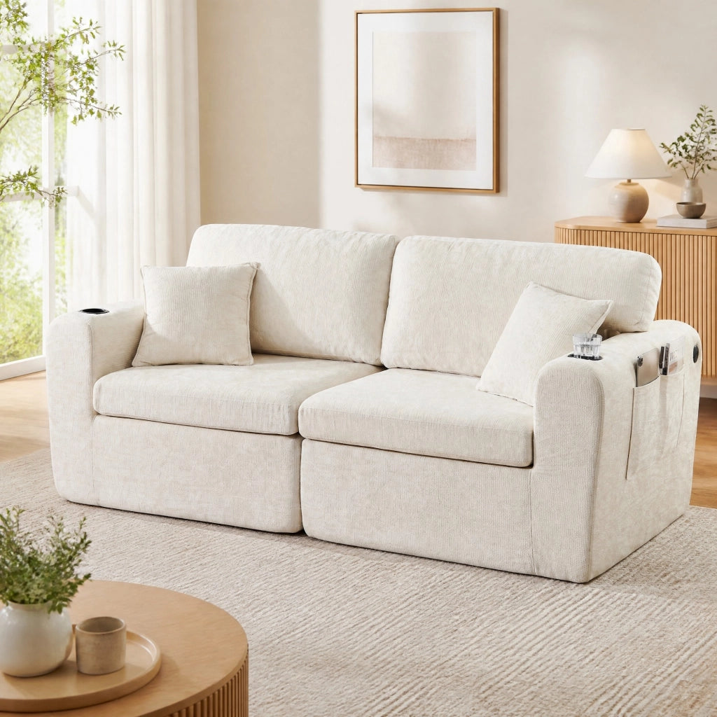 Divano relax 2 posti in ciniglia beige con USB e portabicchieri