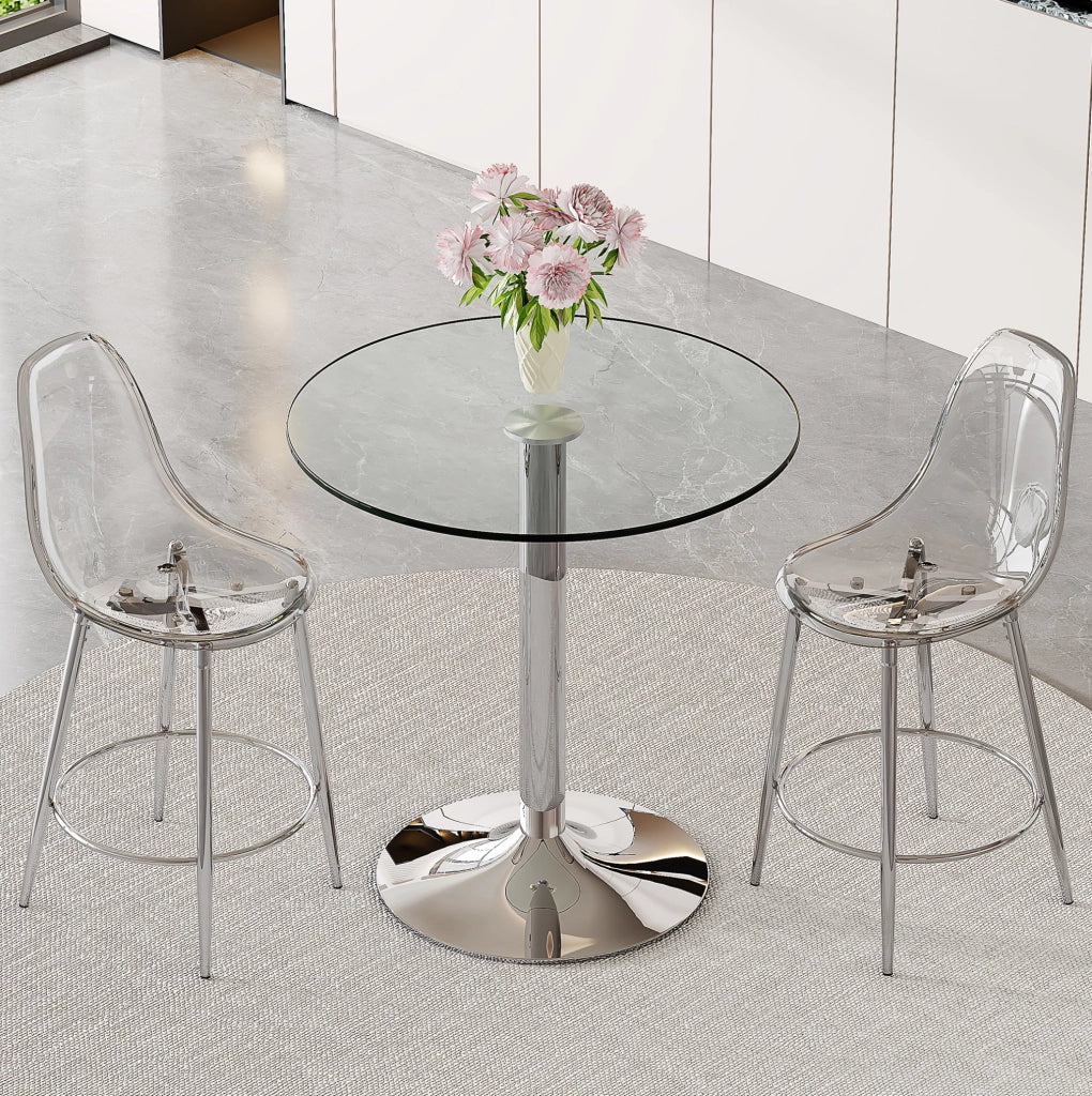 TAVOLO bar con sgabelli, piano in vetro Ø 89 cm, argento e trasparente
