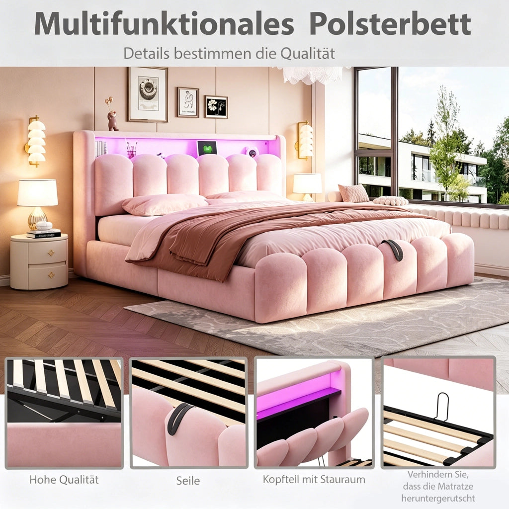 Letto imbottito rosa 180 x 200 cm con contenitore e luci integrate