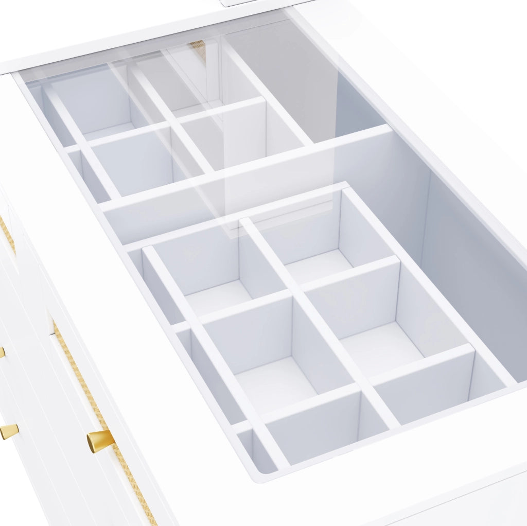 Toeletta bianca in MDF con specchio, 10 cassetti e piano in vetro