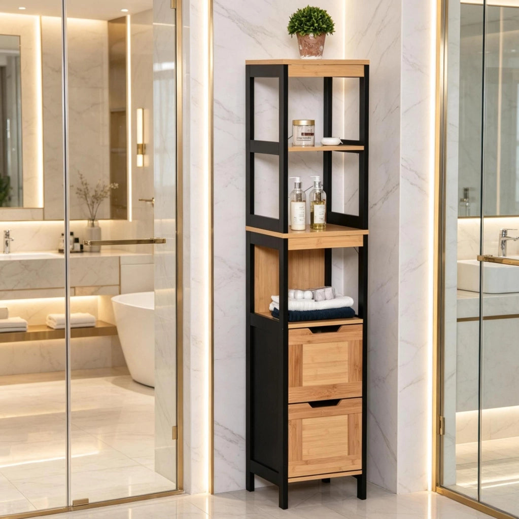 Colonna bagno 30x30x144,3 cm bambù nero, con 2 cassetti