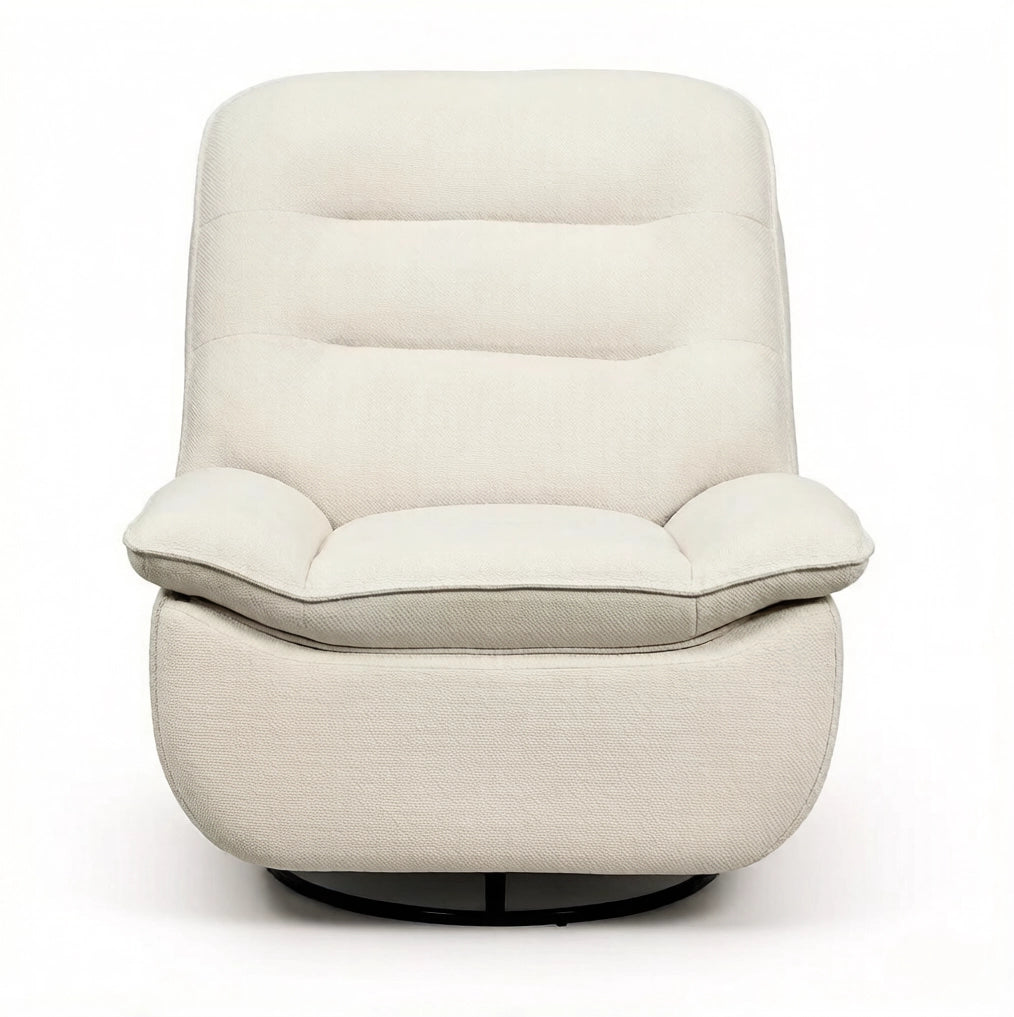 Poltrona relax girevole beige con dondolo, poggiapiedi e vano laterale