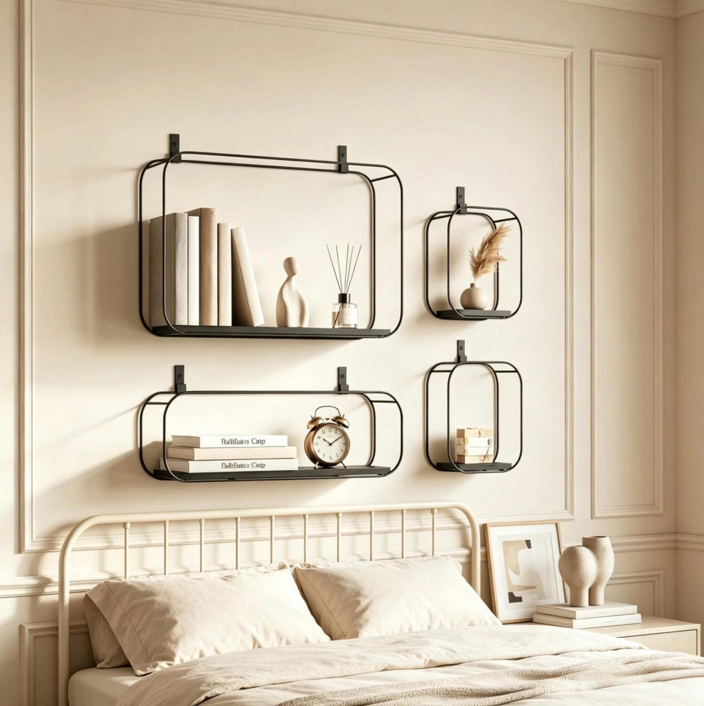 Set di 4 mensole da parete in metallo e MDF nero, stile industriale