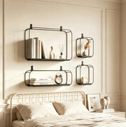 Set di 4 mensole da parete in metallo e MDF nero, stile industriale