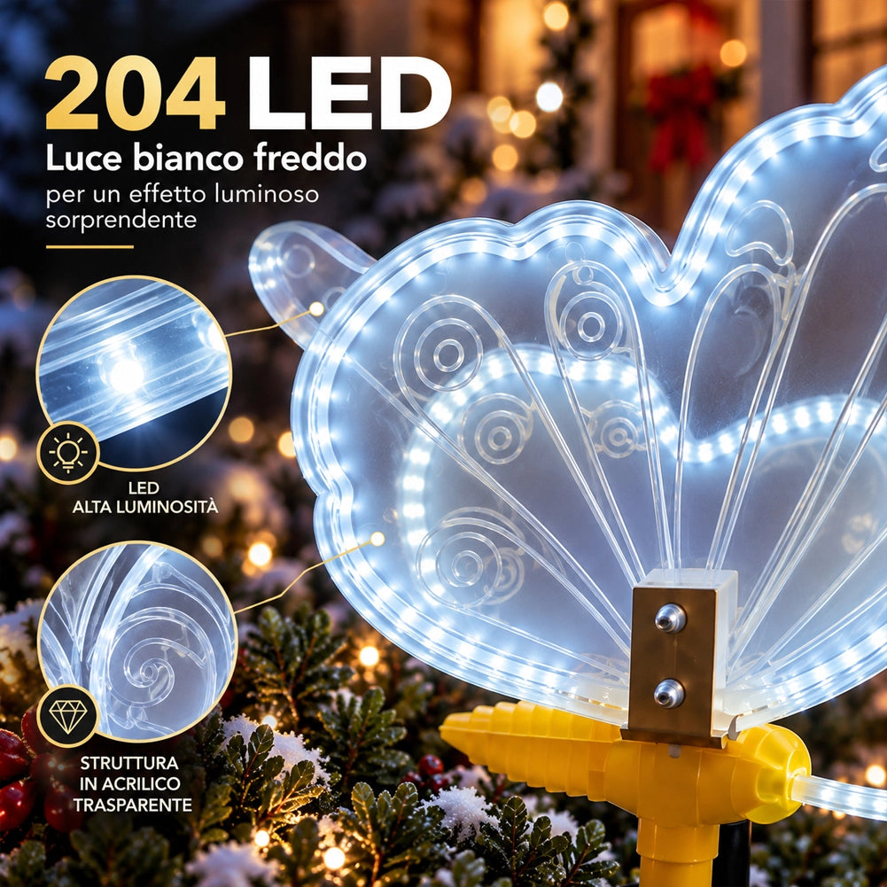 Farfalla Natalizia Bianco Freddo 204 LED Addobbo Natalizio Decorazione 39x32 cm
