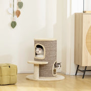 Tiragraffi a torre per gatti a 2 livelli con cuccette e piattaforma, beige e marrone