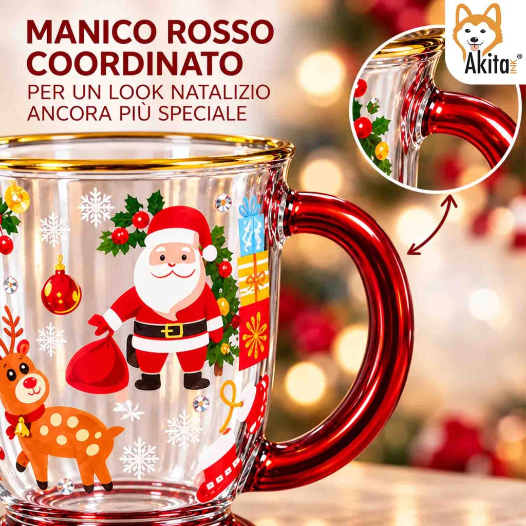 Akitaink Tazza Natalizia Mug Vetro Decorato Babbo Natale