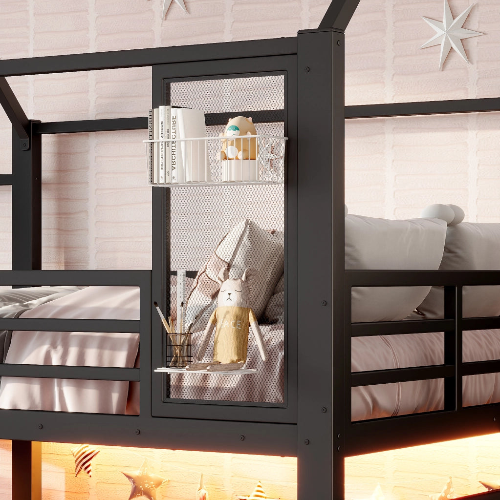 Letto a soppalco per bambini a casetta con scivolo e luci LED, nero, 140 x 200 cm