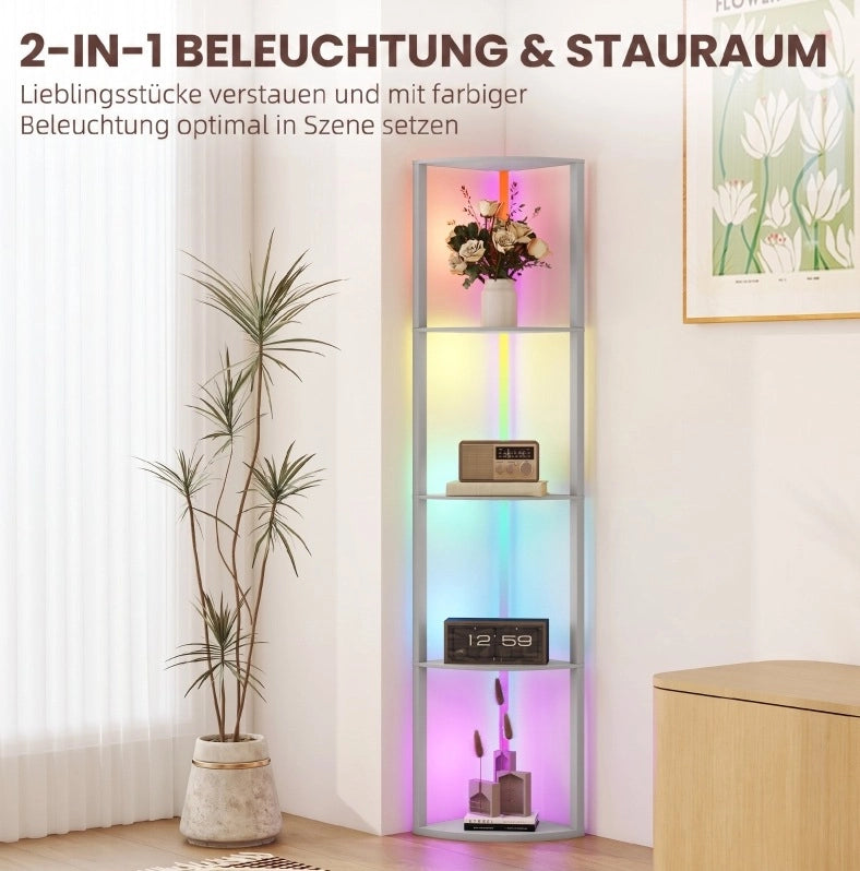 Lampada da terra angolare grigia con 5 ripiani e LED RGB