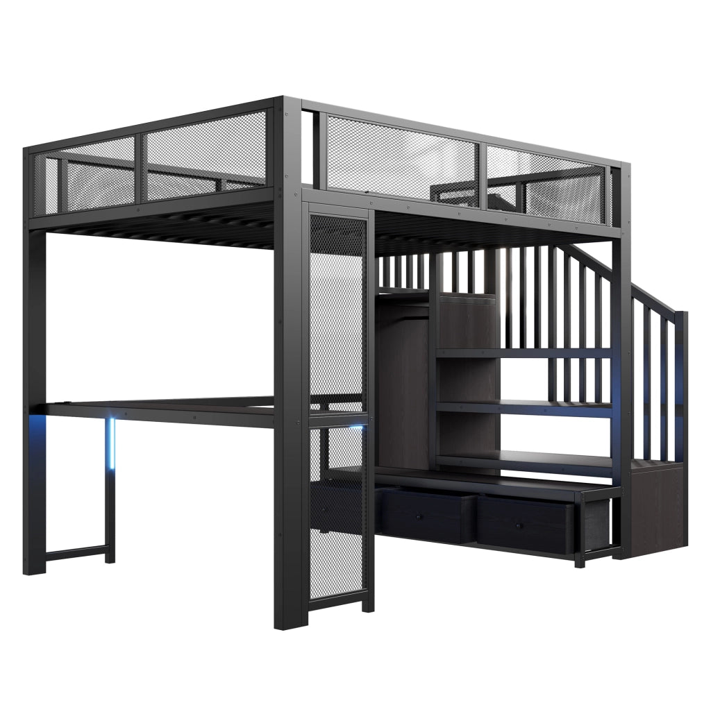 Letto a soppalco 140 x 200 cm nero con scrivania, armadio e cassetti
