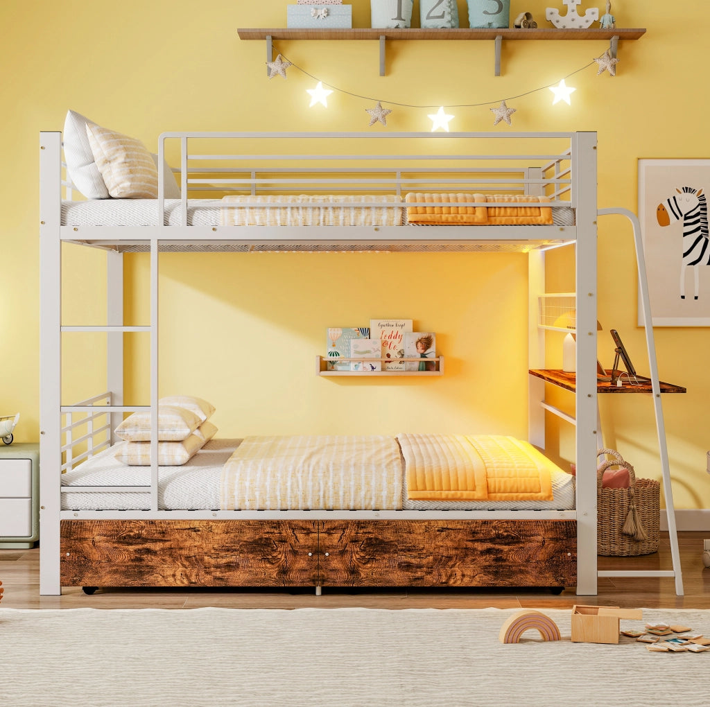 Letti a soppalco per bambini 140x200 cm; con scrivania; USB; LED e cassetti; in metallo; bianco; senza materasso
