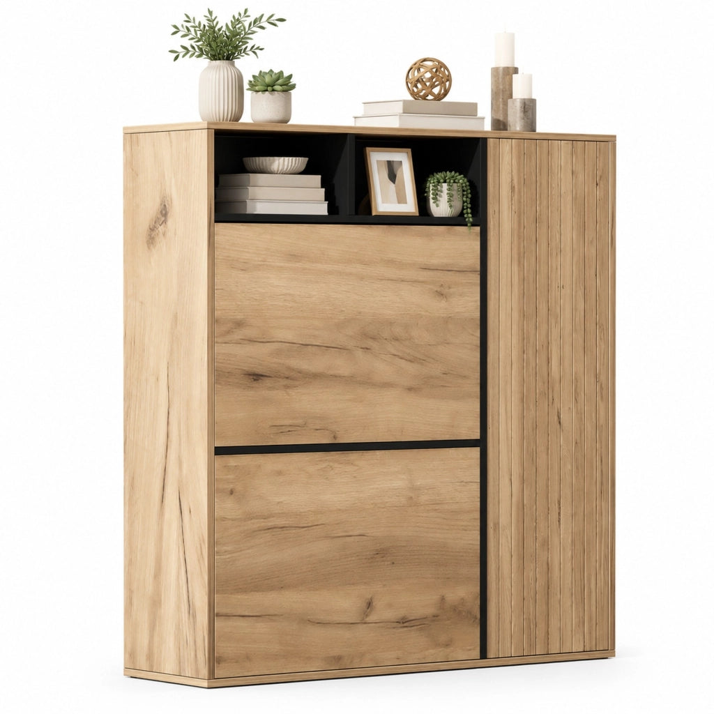 Scarpiera 90x24x94 cm naturale e nera in MDF con 2 ribalte e 1 anta