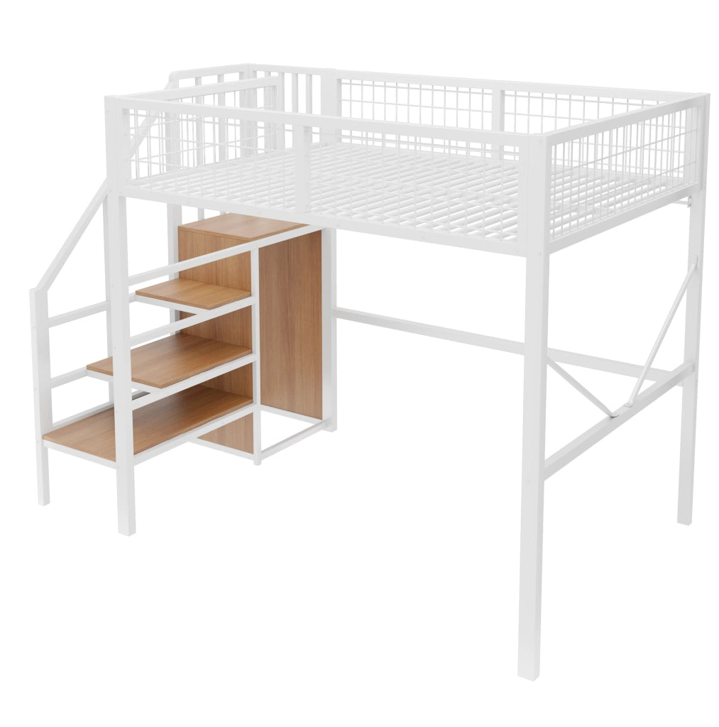 Letto a soppalco 140 x 200 cm bianco con scala contenitore e LED
