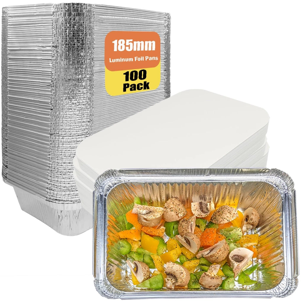 100 contenitori in alluminio con coperchio, capacità 700 ml, monouso, rettangolari