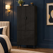 Armadio alto in MDF nero con 2 ante e 3 cassetti, 75 x 35 x 180 cm