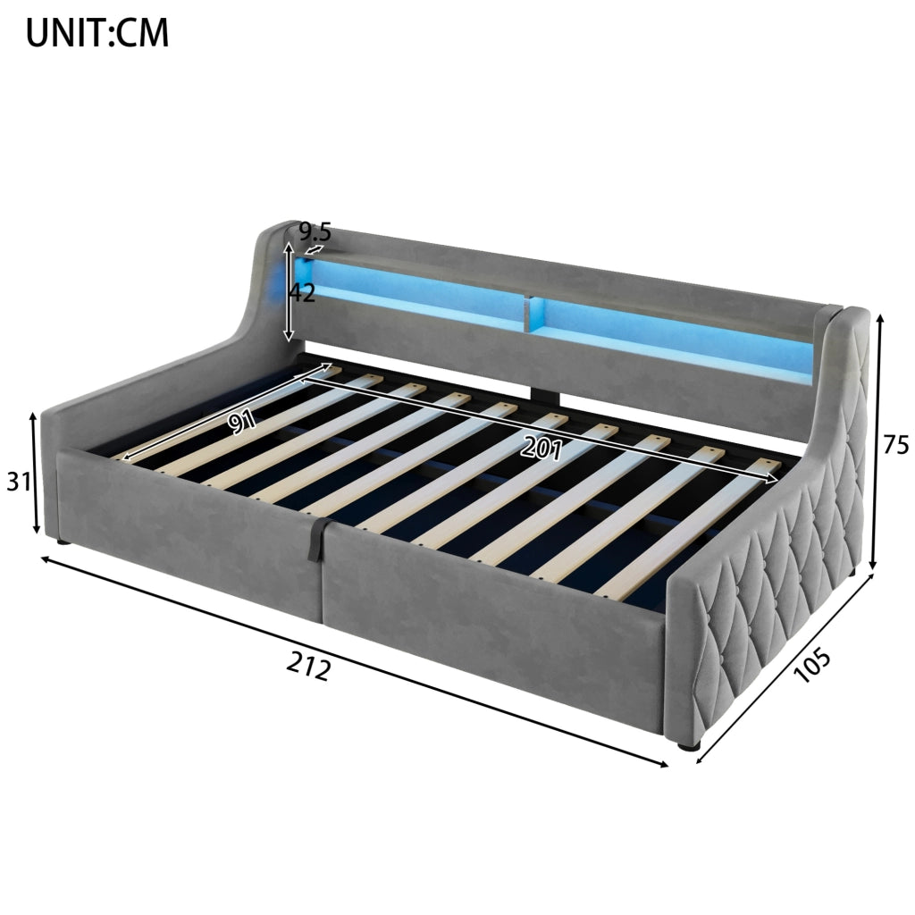 Letto singolo imbottito 90x200 cm in flanella grigia con contenitore idraulico e LED