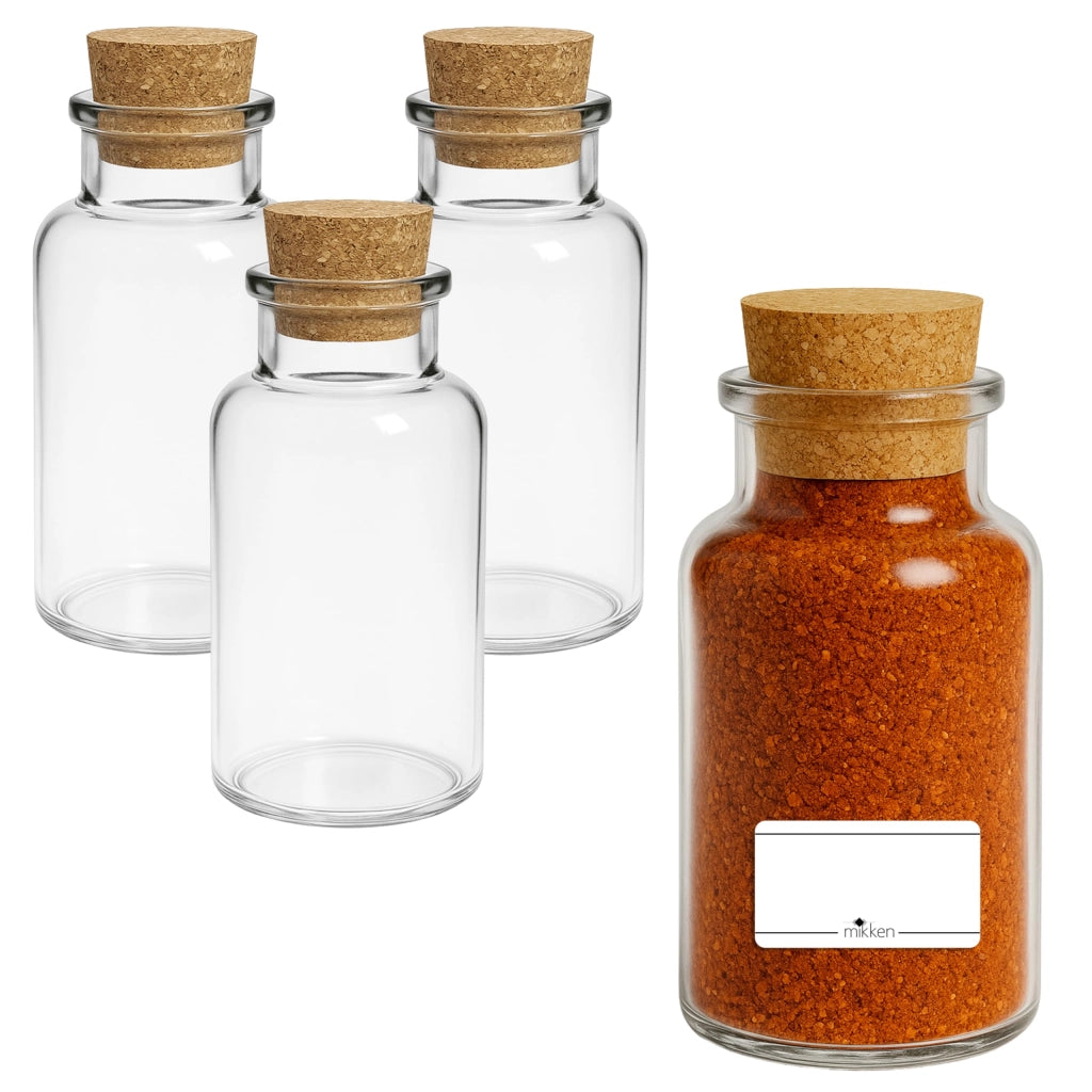 4 bicchieri da laboratorio da 300 ml con tappo in sughero ed etichette