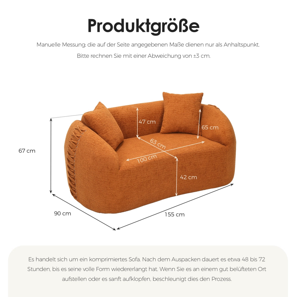 Divano 2 posti curvo 155x90 cm in ciniglia arancione, compatto