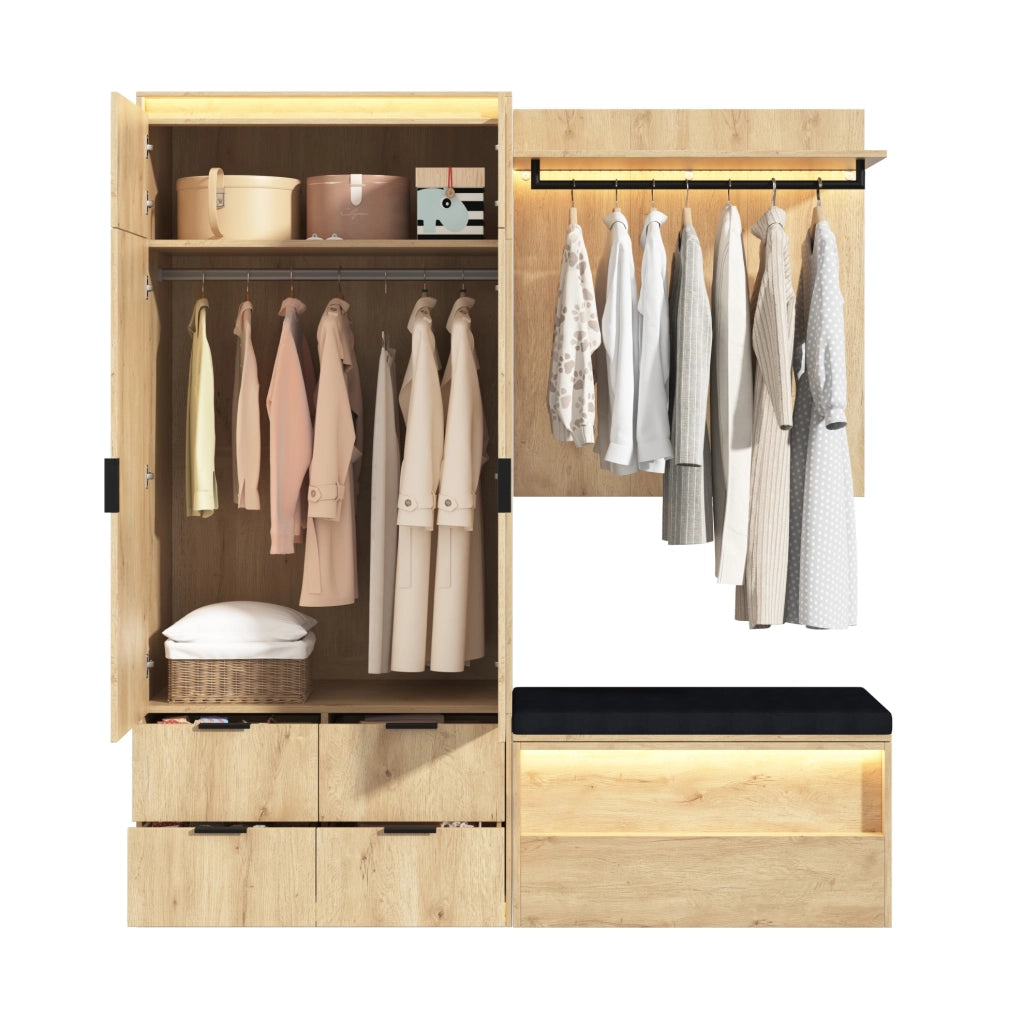 Mobile ingresso in MDF con specchio, panca e LED, 180 x 47 x 200 cm
