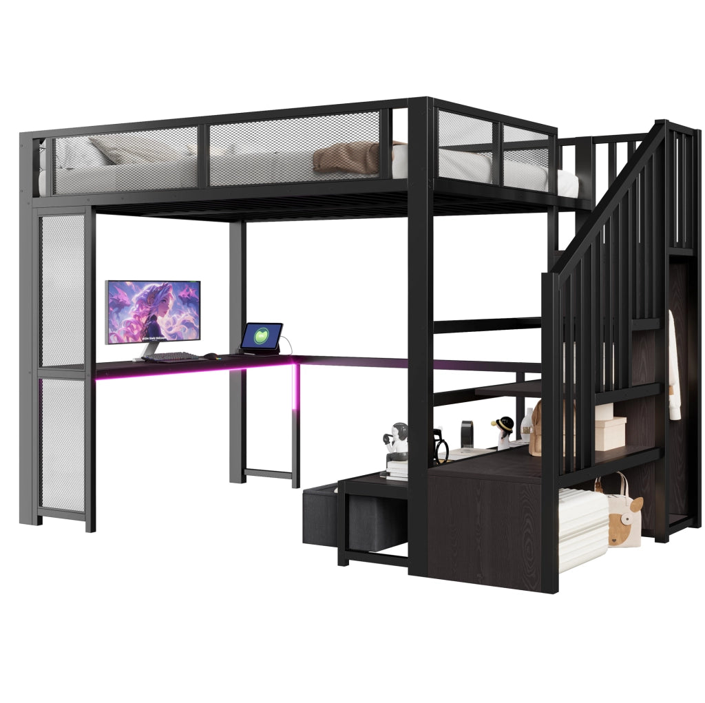 Letto a soppalco 140x200 cm nero con scrivania, LED e cassetti