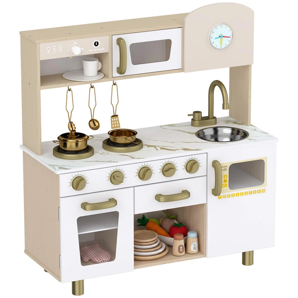Cucina giocattolo per bambini in legno bianco con utensili in acciaio inox, gioco di imitazione pratico e robusto