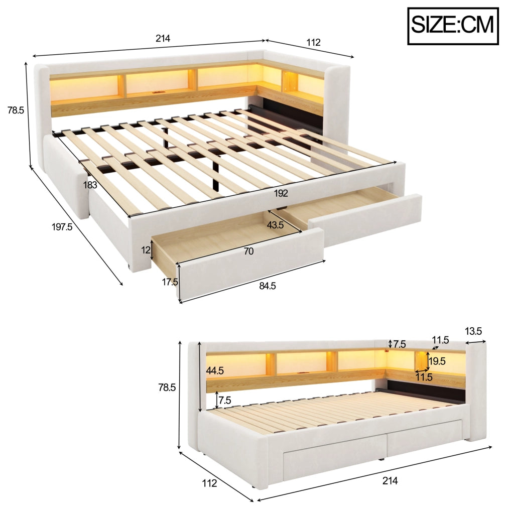 Divano letto 3 in 1 beige e grigio 90x200 cm con LED e presa