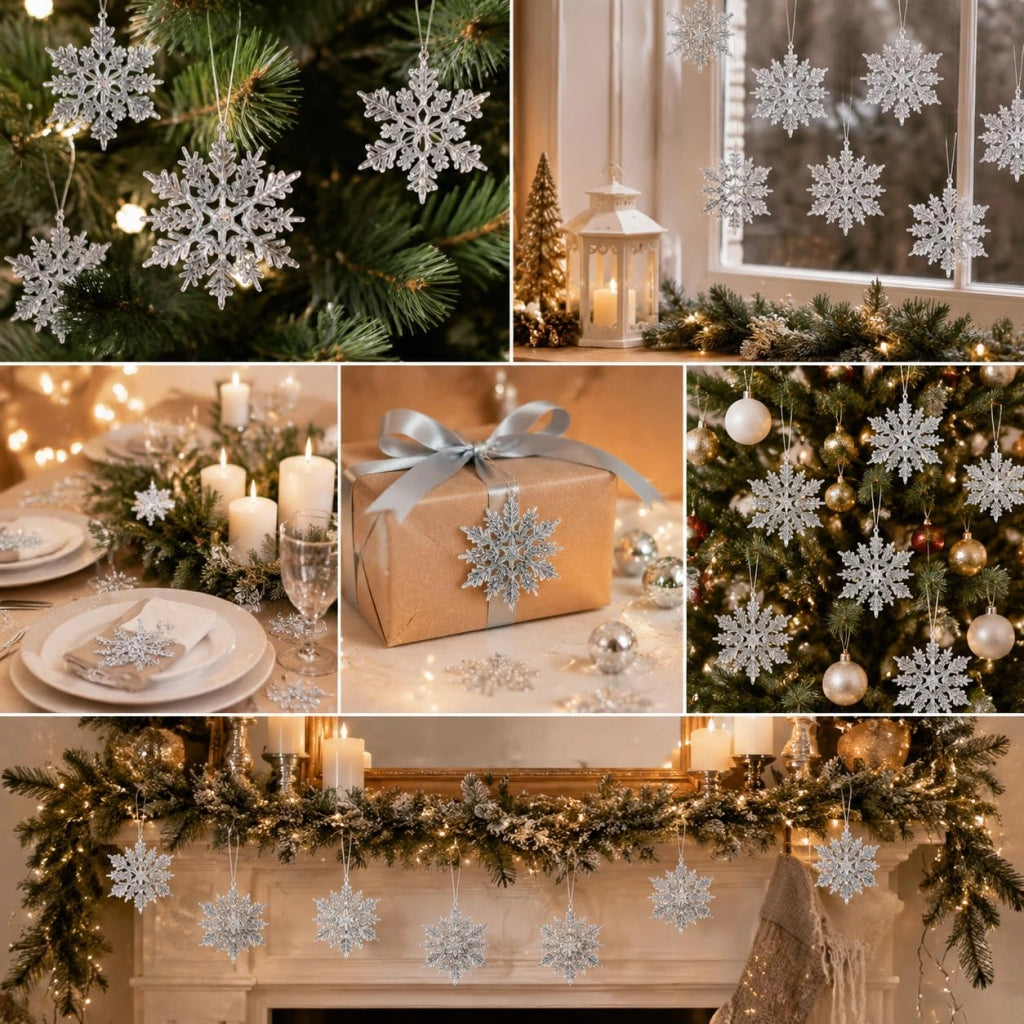 30 fiocchi di neve blu con glitter, 4 design diversi, inclusi nastrini