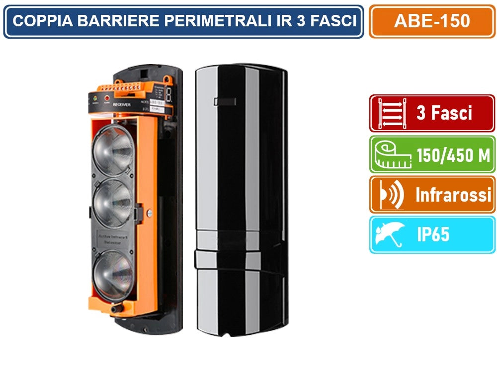 COPPIA BARRIERE PERIMETRALI CABLATE AD INFRAROSSI 3 FASCI DISTANZA RILEVAMENTO 150/450 METRI DA ESTERNO IP65
