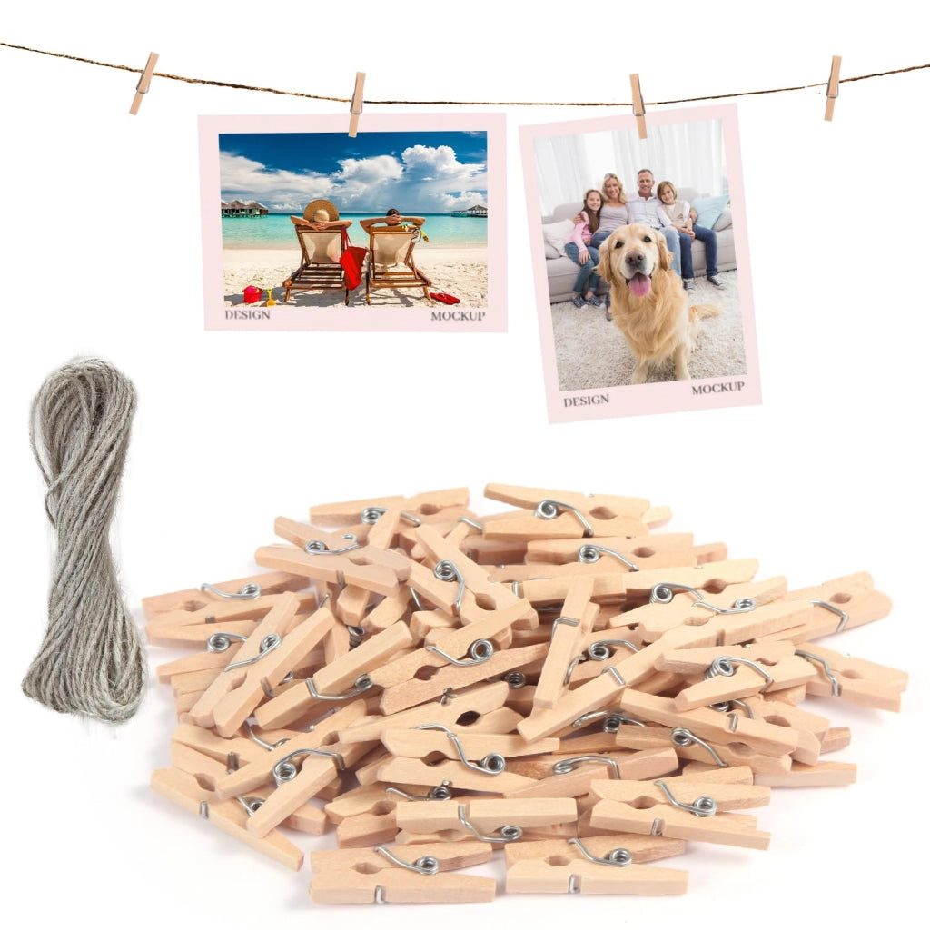 Ganci per stendere i panni in legno, 120 pezzi, dimensioni 3,5x0,7 cm, con 50 metri di corda
