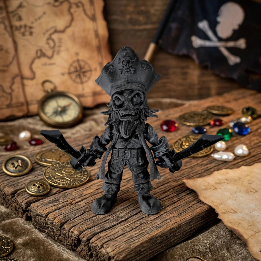Figura di uno scheletro di pirata stampata in 3D, con spade, altezza 11 cm