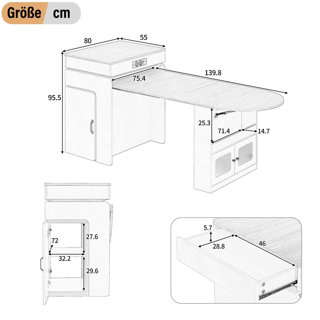Isola da cucina allungabile bianca con contenitori, LED e prese USB e USB-C