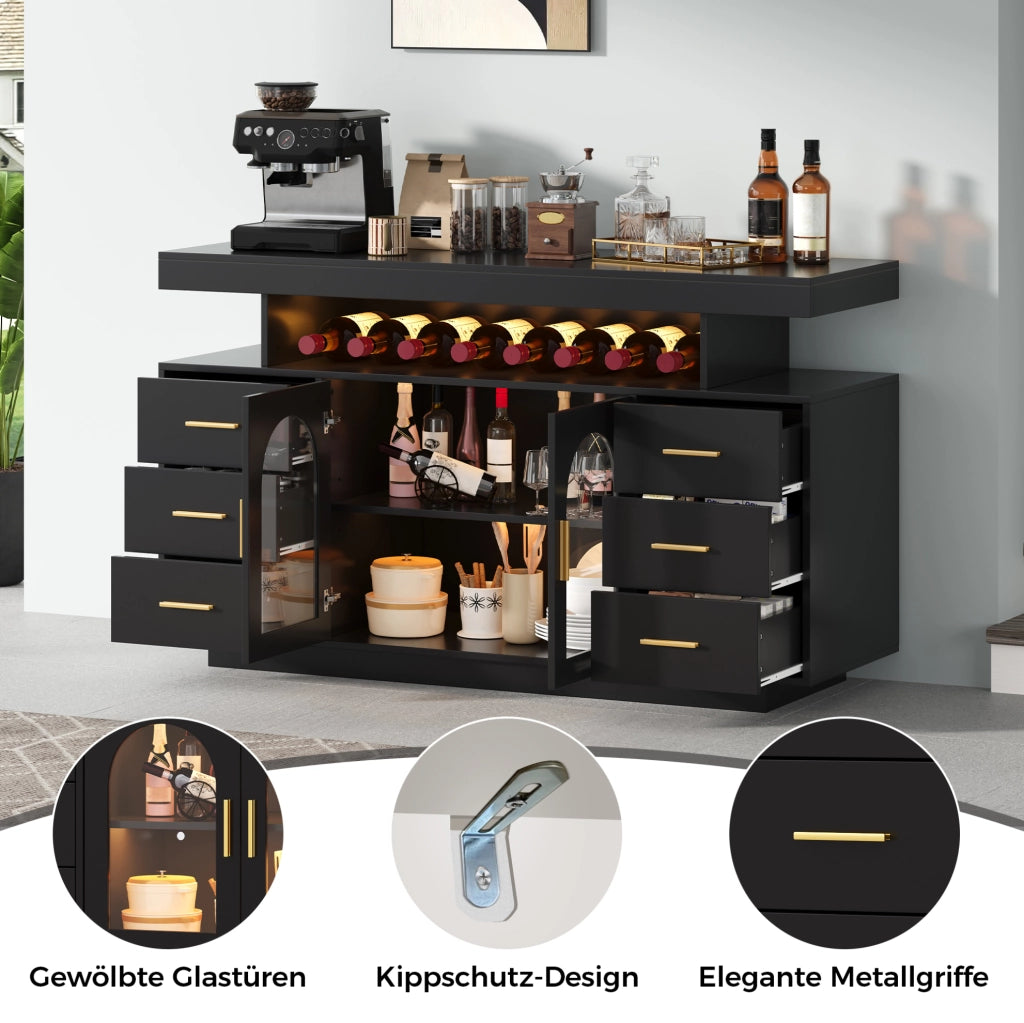 Mobile bar portavini nero con 6 cassetti e illuminazione LED