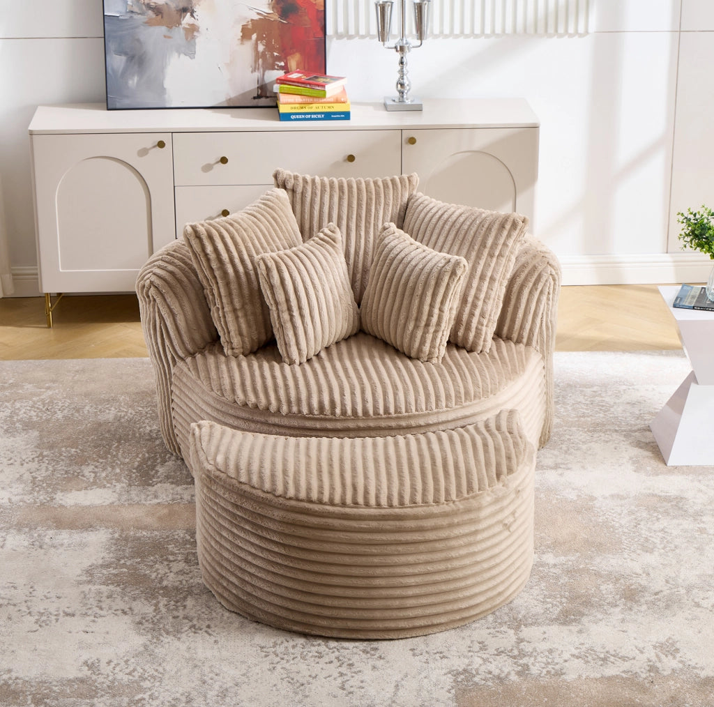 Poltrona rotonda con poggiapiedi in chenille cammello e marrone
