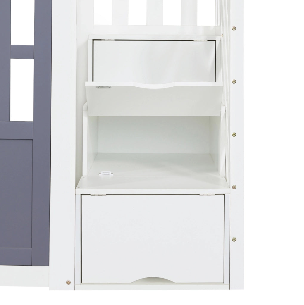 Letto rialzato per bambini 90x200 cm a casetta bianco e blu con scala contenitore